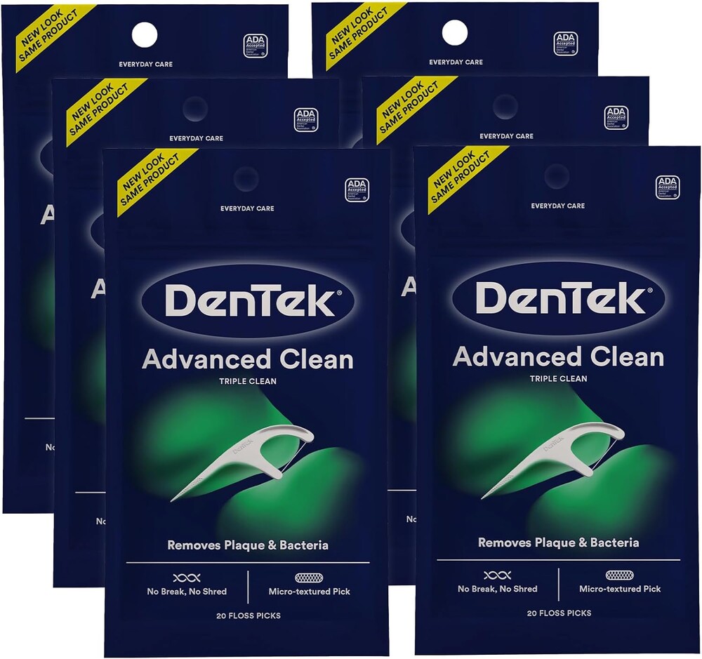 DenTek Advanced Clean Floss Picks with No Break & No Shred Dental Floss, Plaque Remover, 20 Count, Pack of 6