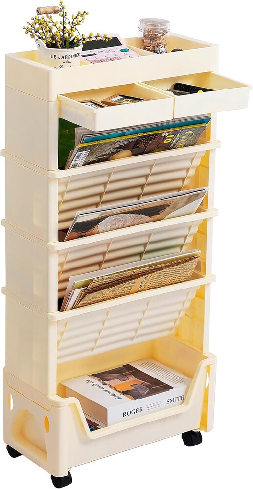 AGTEK 5 Tier Rolling Utility Cart, Book Cart with Wheels, Office Book Carts with Divided Top Shelf for Organizing Books and Supplies in Home, Office, Classroom, Beige