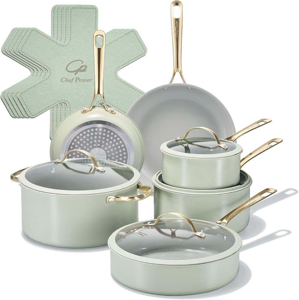 Chef Power Ceramic Cookware Sets, 15Pcs Pots and Pans Set Non Stick, Cookware Set with Stainless Steel Handle, Dishwasher & Oven Safe, Sage Green and Granite Grey