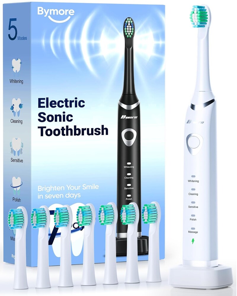 Bymore Electric Toothbrush for Adults,Travel Sonic Toothbrush Set with 8 Replacement Heads, Deep Clean Rechargeable Toothbrush One Charge for 70days 5 Modes 2mins Timer-Bright White