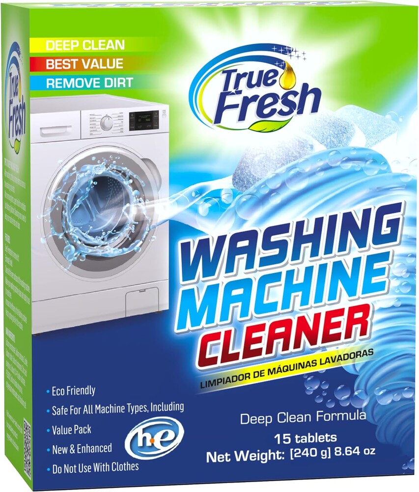 True Fresh Washing Machine Cleaner Descaler 15 Pack Tablets, Deep Cleaning Deodorizer for HE Front & Top Load Washers, Eliminates Odor Buildup Residue Grime, Cleans Drum Pump Valve Hoses Septic Safe