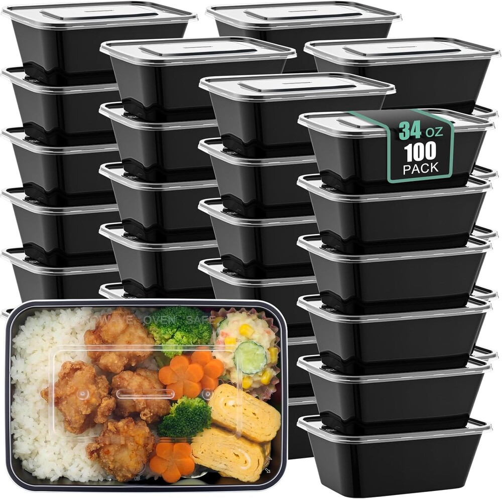 100 Pack 34oz Meal Prep Containers Disposable with Lids 1 Compartment Food Containers Lidded Leak-proof Lunch Boxes Disposable Plastic Bento Box for Microwave Refrigerator Dishwasher Safe