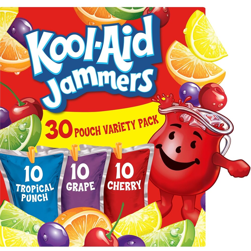 Kool-Aid Jammers Drink, 30 Pouches, for School Lunches and On-the-Go Hydration, Artificially Flavored Tropical Punch, Grape and Cherry Flavors, 6 fl oz