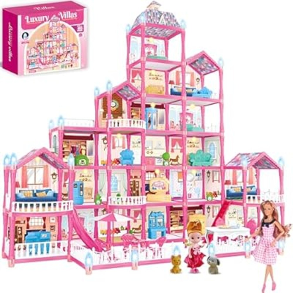 keefun Doll House for 3 4 5 6 7 8+ Year Old Girl Birthday Gifts, Big Dream Dollhouse for Girls 6-12 4-6 with Lights, Pink Educational STEM Building Toys for Kids Ages 4-8 5-7 Play Princess Castle Game