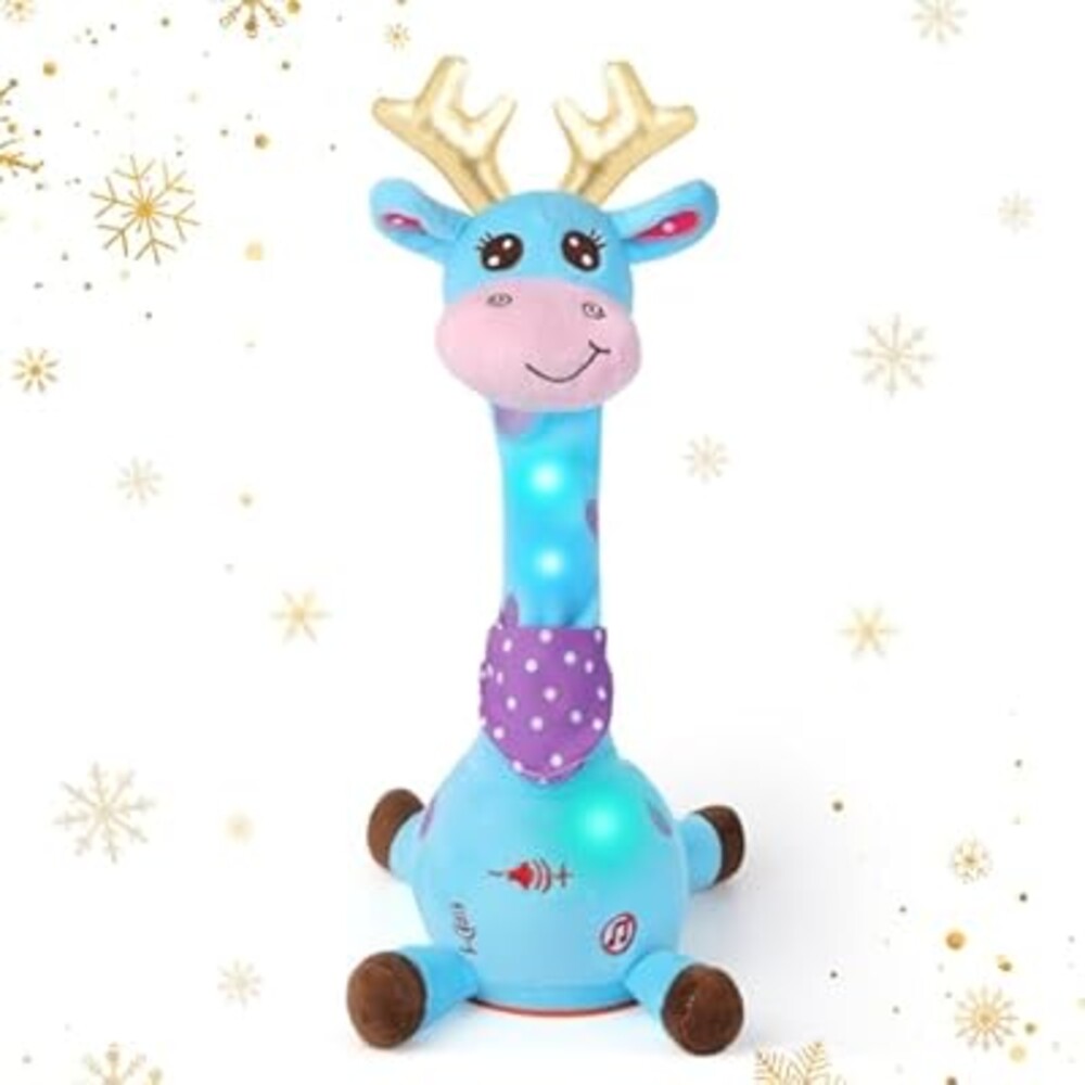 LLUKEME Dancing Talking Giraffe with Golden Antlers Toy, Stuffed Animal Baby Toy Repeating What You Say, Musical Toy with Golden Anlters Easter Gifts for Toddlers 1-3 Years Old (Blue Giraffe Antlers)