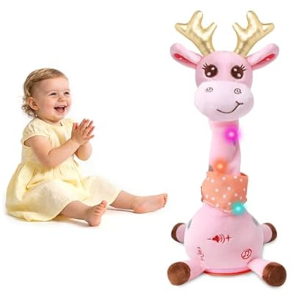 Dancing Talking Giraffe with Golden Antlers Toy, Stuffed Animal Baby Toy Repeating What You Say, Glowing Musical Electronic Giraffe with Golden Anlters Easter Gifts for Toddlers 1-3 Years Old (pink)