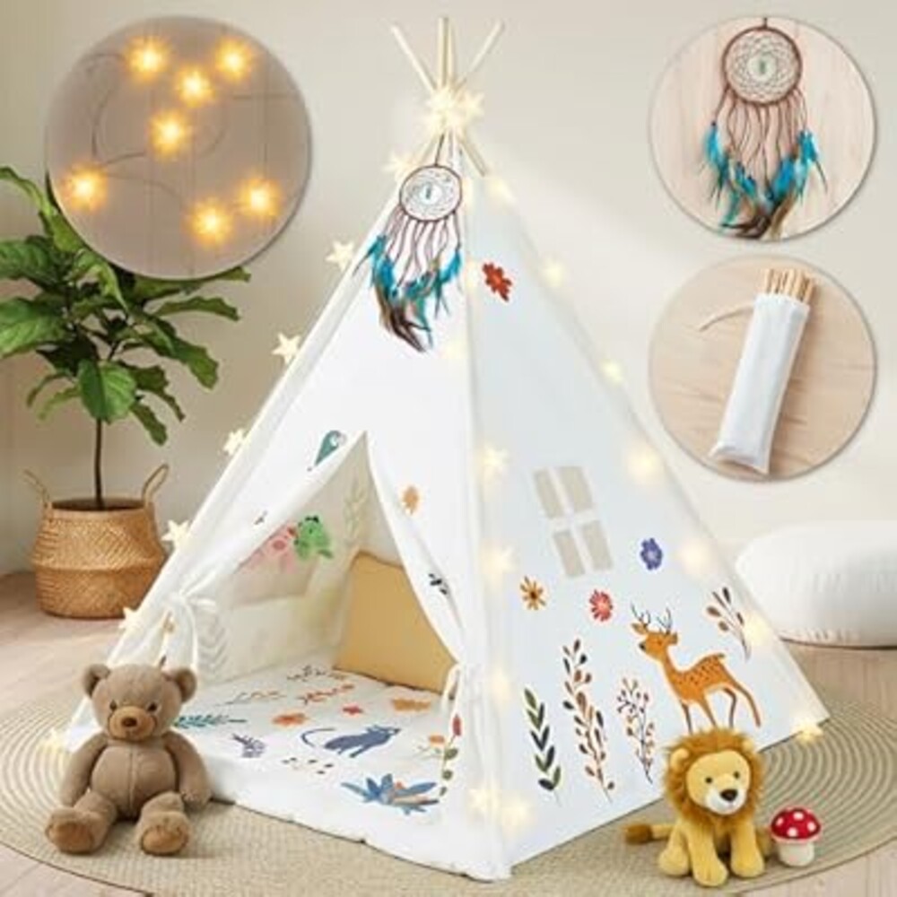 Teepee Tent for Kids with Lights, Kids Play Tent Indoor with Thicked Mat & Dream Catcher, Toddler Tent with Storage Pockets and Mesh Window for Reading Nook and Imaginative Games