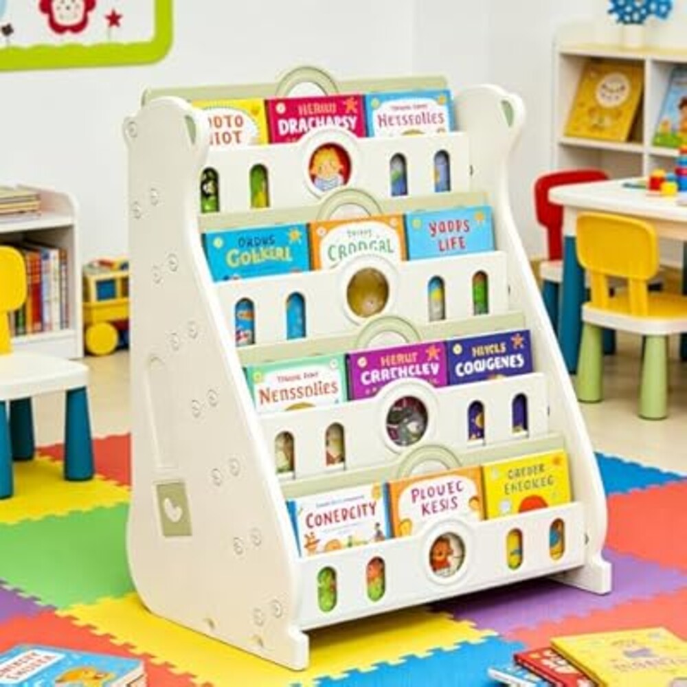 Deer COCO Kids Bookshelf for Toddlers, 7 Tier Bookcase for Living Room/Bedroom/Nursery/Classroom, Corner Baby Book Storage Organization Montessori Book Shelf (Green-7-Tier Bookcase)