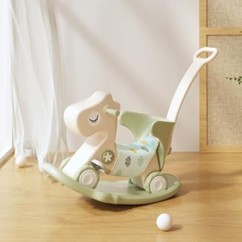 Deer COCO 4-in-1 Rocking Horse Toy for Toddlers 1-3 | Plastic Push Walker with Balance Board & Wheels, Ride-On Rocker Gift for 1 Year Old Boys Girls(Green)