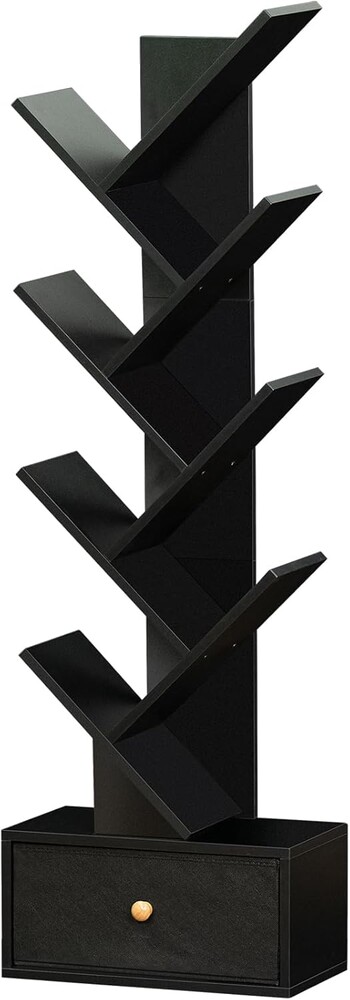 SHEEPAM 8 Tier Tree Bookshelf with Drawer, Free Standing Wood Bookcase for Living Room, Bedroom, Home Office, Space Saving Storage Organizer Bookshelves for Books, CDs, Vinyl Records- Black
