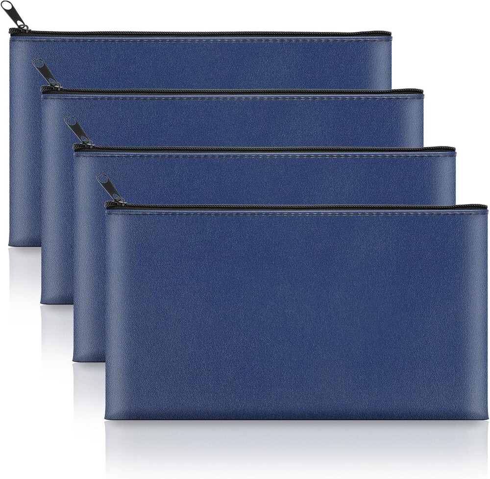 4 Pack Money Bags with Zipper, 11x6.1 Inch PU Leather Cash Pouch, Secure Bank Bag for Coins, Bills, Checks, Invoices, Cosmetics, Tools (Blue)