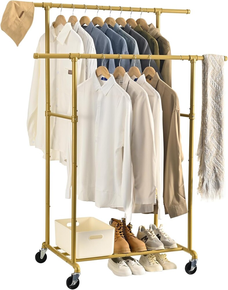 FOUCSSOMEI Heavy Duty Clothes Rack, Rolling Clothing Rack, Garment Rack with Wheels, Double Rod, Max 400Lbs, Gold