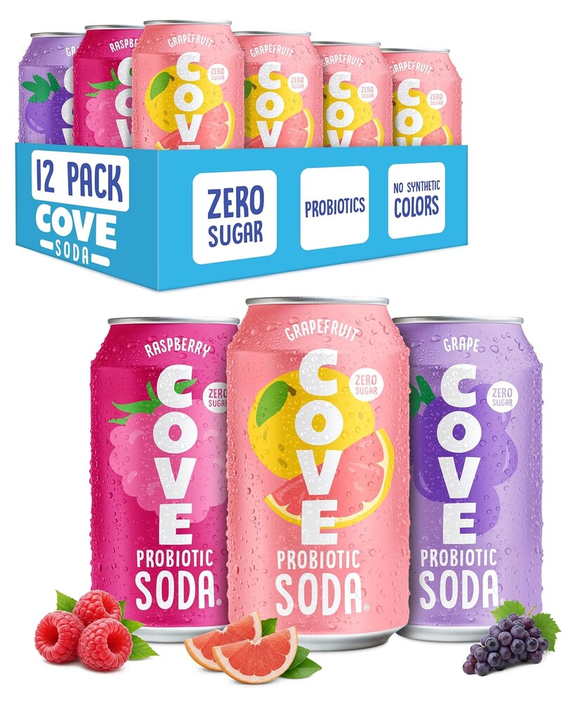 Cove Probiotic Soda Soft Drinks with Zero Sugar – Refreshing Functional Soda Alternative with Probiotics & Vitamin C – Naturally Flavored, Caffeine-Free Sparkling Beverage - Fruity Variety 12 Pack