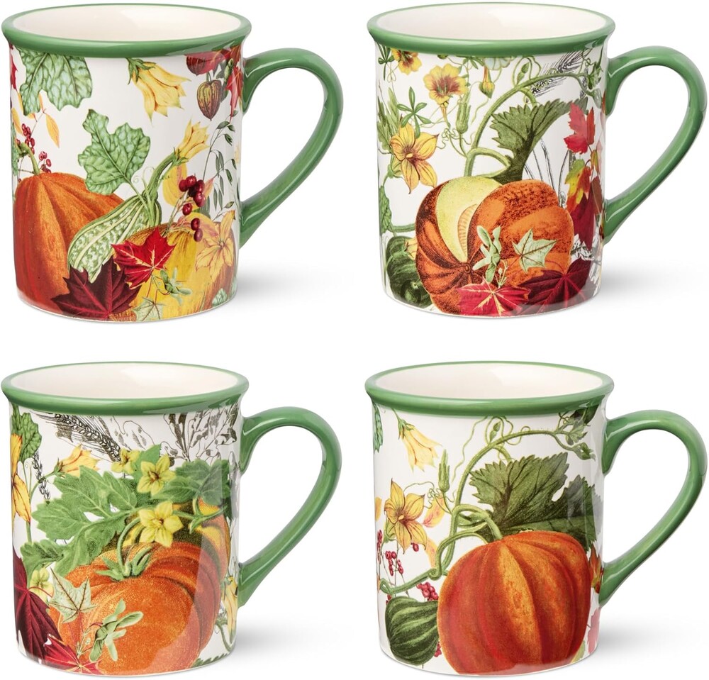 Harvest Fields 18oz Ceramic Mugs – Set of 4 Cozy Farmhouse Coffee Cups with Assorted Autumn Pumpkin Designs – Perfect for Coffee, Tea, Hot Cocoa & Cider – Microwave & Dishwasher Safe