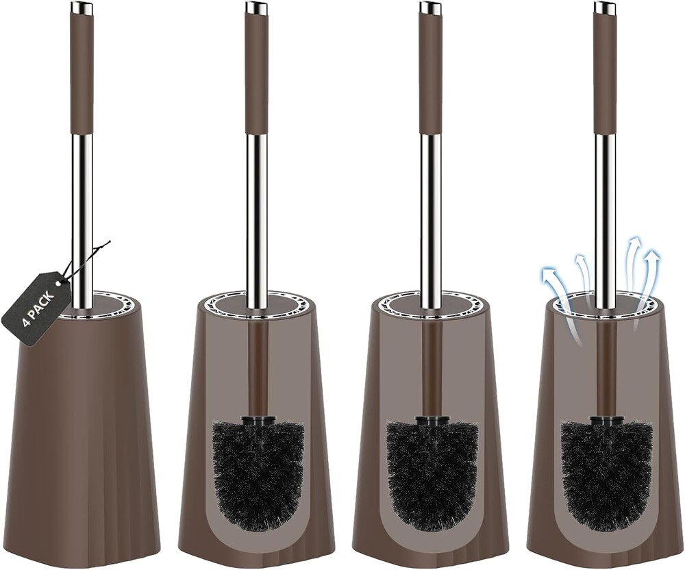 SetSail Toilet Brush, Compact Size Toilet Bowl Brush and Holder Toilet Brushes for Bathroom with Stainless Steel Handle Toilet Cleaner Brush with Durable Scrubbing Bristles, 4 Packs, Brown