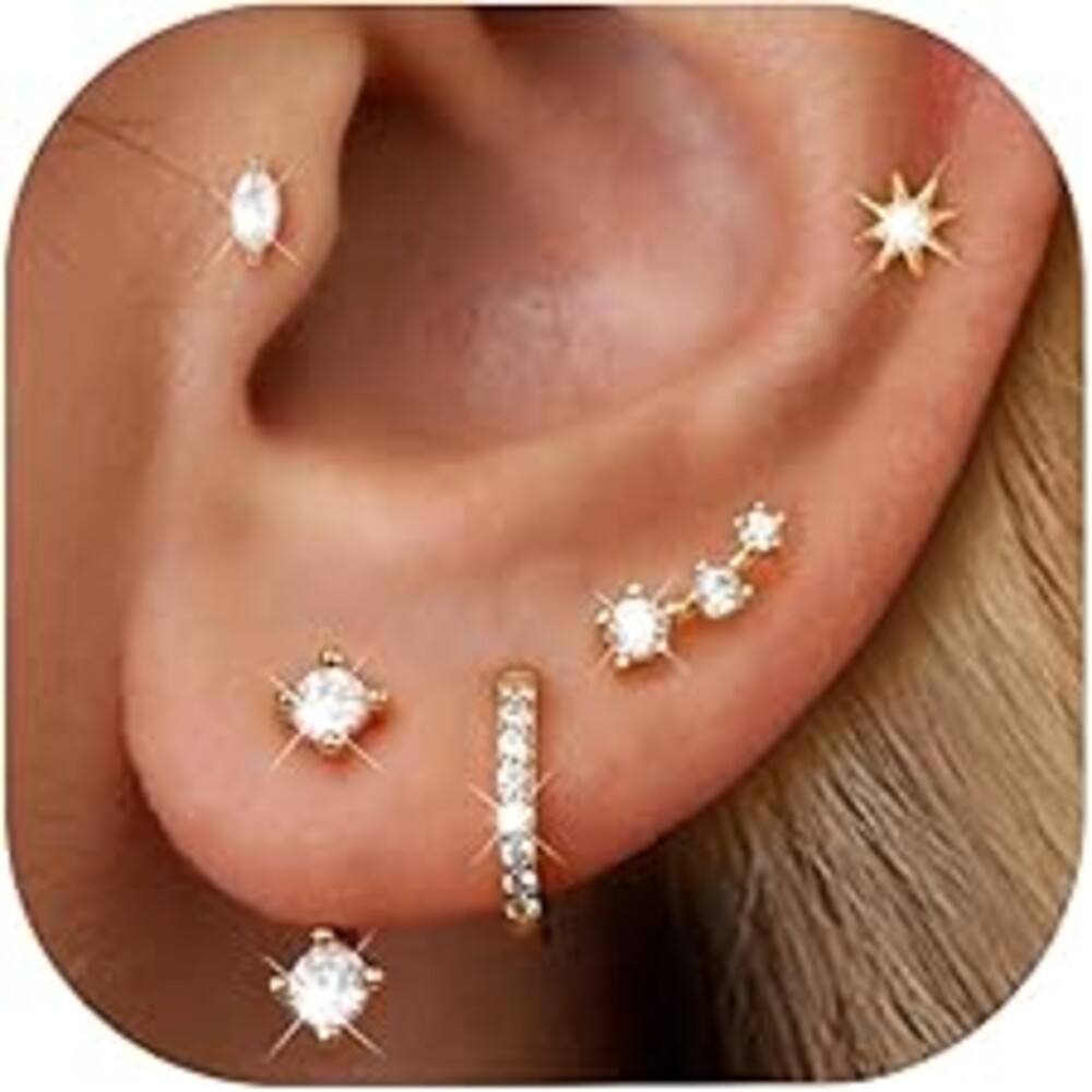 6 Pairs 14K Gold Plated Stud Earrings for Women, Hypoallergenic Cartilage Earrings for Multiple Piercing, Dainty Small Stackable Earrings Set for Jewelry Gift