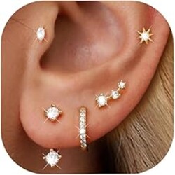 6 Pairs 14K Gold Plated Stud Earrings for Women, Hypoallergenic Cartilage Earrings for Multiple Piercing, Dainty Small Stackable Earrings Set for Jewelry Gift
