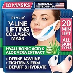 Stylia V Line Lifting Collagen Mask - Lift, Firm & Contour Jawline - Tightening Double Chin Strap with Hyaluronic Acid & Aloe - Neck Tightening and Lifting Mask - Jawline Shaper Face Lift Tape (10PC)