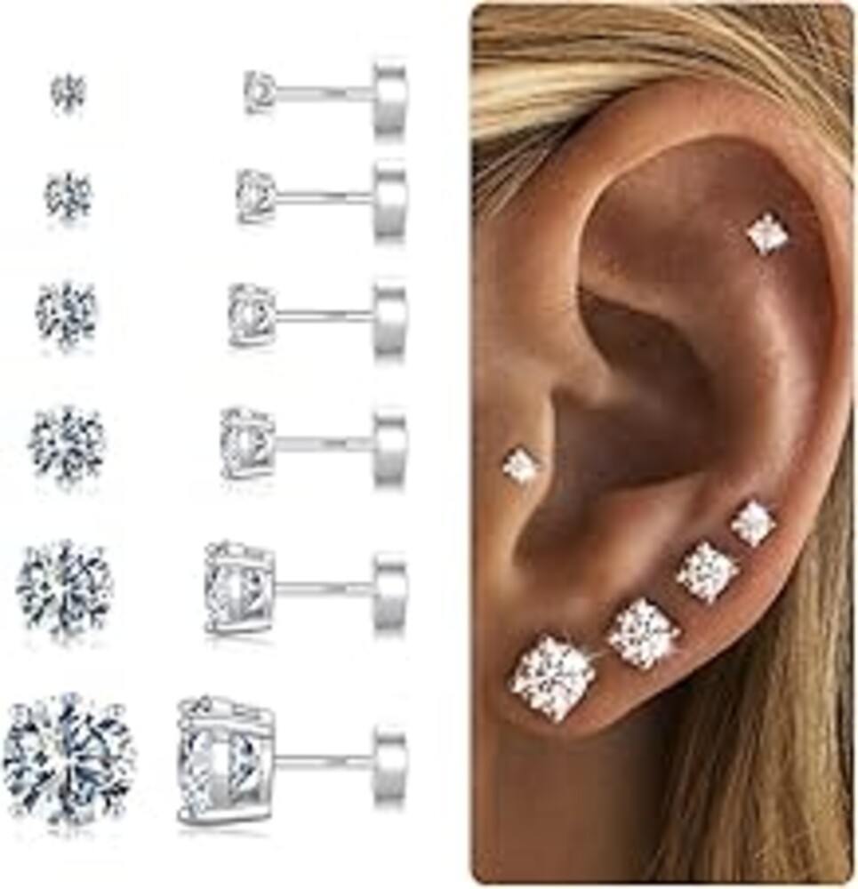 6 Pairs Hypoallergenic Silver Flat Back Earrings for Women,Stud Cartilage Earrings for Sensitive Ears Cubic Zirconia Ball Earring Sets Trendy Jewelry