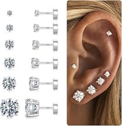 6 Pairs Hypoallergenic Silver Flat Back Earrings for Women,Stud Cartilage Earrings for Sensitive Ears Cubic Zirconia Ball Earring Sets Trendy Jewelry