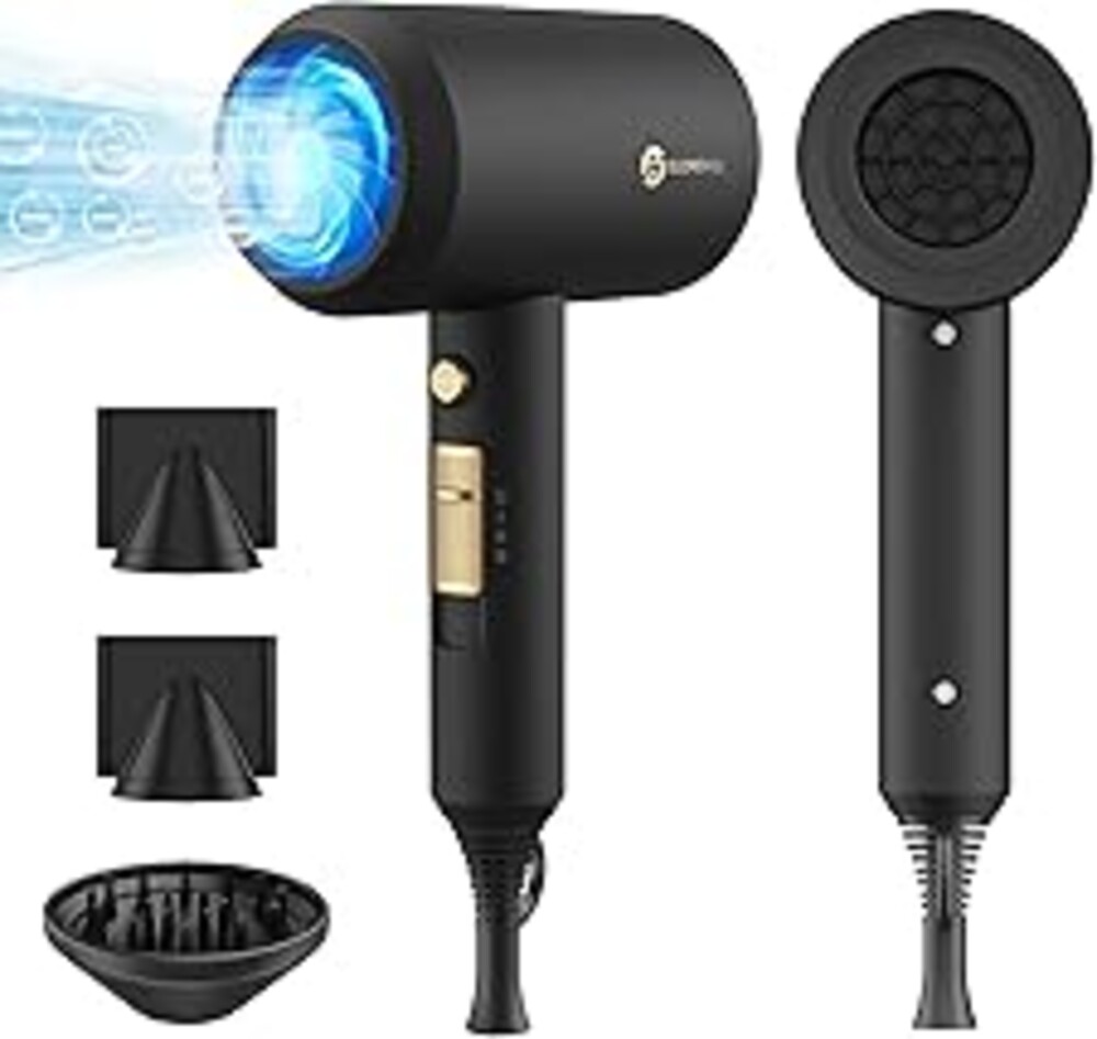 slopehill Professional Ionic Hair Dryer, Powerful 1800W Fast Drying Low Noise Blow Dryer with 2 Concentrator Nozzle 1 Diffuser Attachments for Home Salon Travel (Black)