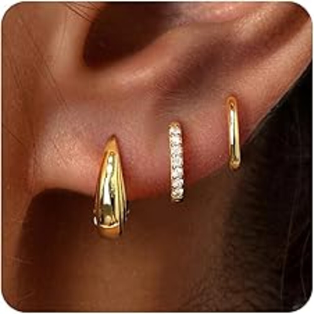 Poxtex Small Sterling Silver Huggie Hoop Earrings Set for Women, Hypoallergenic 14K Gold Plated Hoops Stacks for Multiple Piercings, Dainty Cute Mini Lightweight Cartilage Studs Trendy Jewelry Gift
