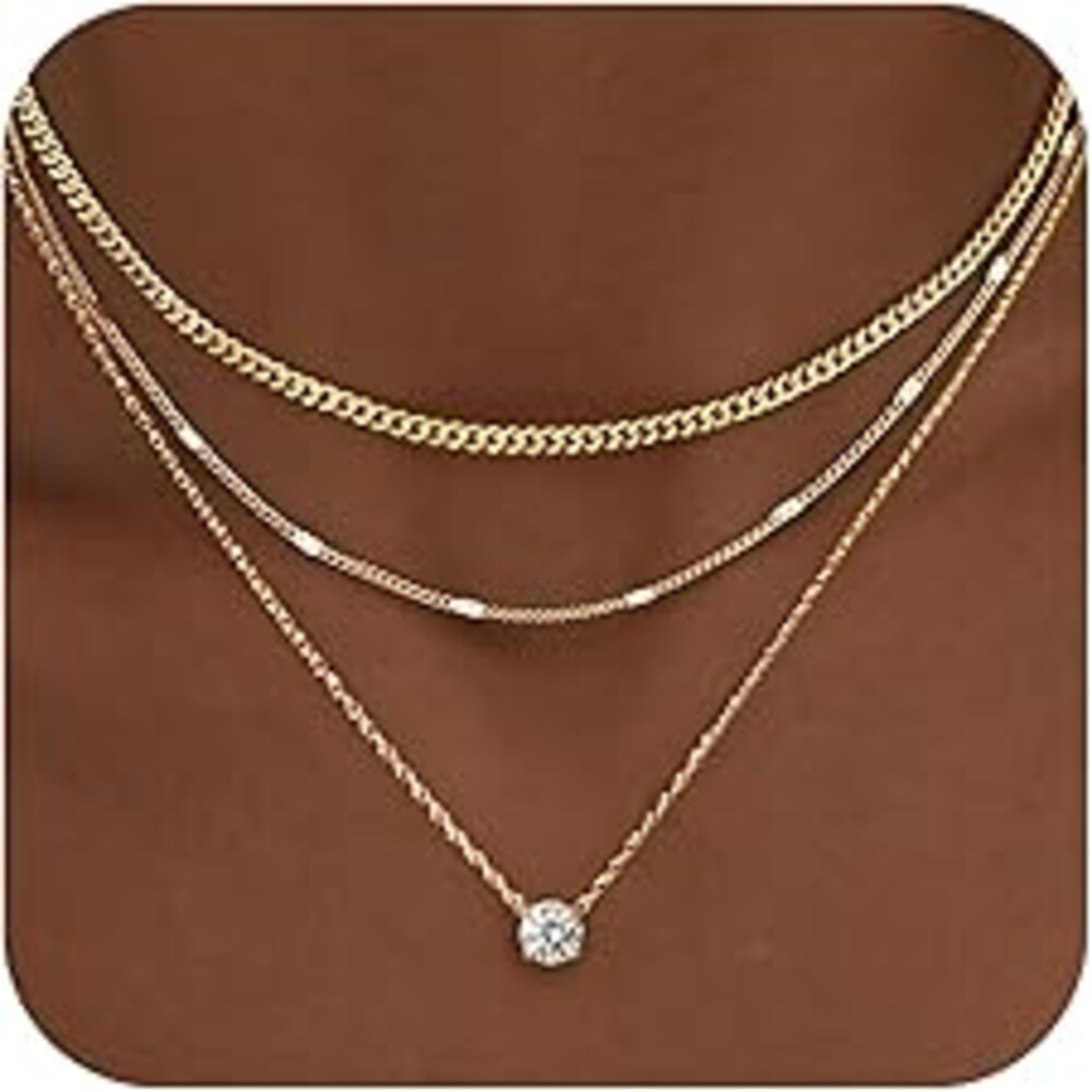 WomenGifts Layered Gold Necklaces for Women, 14K Gold Sterling Silver Plated Dainty Pendant Necklace Set Non Tarnish, Chunky Stackable Cuban Chain Choker, Trendy Personalized Birthstone Jewelry Gift for Mom