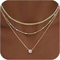 WomenGifts Layered Gold Necklaces for Women, 14K Gold Sterling Silver Plated Dainty Pendant Necklace Set Non Tarnish, Chunky Stackable Cuban Chain Choker, Trendy Personalized Birthstone Jewelry Gift for Mom