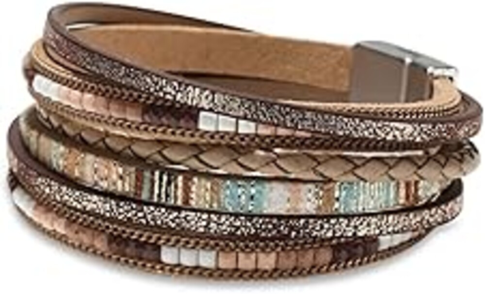 Fesciory Leather Wrap Bracelets for Women, Boho Leopard Multi-Layer Crystal Beads Cuff Bracelet Jewelry