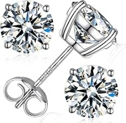 Moissanite Stud Earrings, Round Cut D Color VVS1 Clarity Lab Created Moissanite Earrings Studs 18K White Gold Plated 925 Sterling Silver Jewelry for Women Men