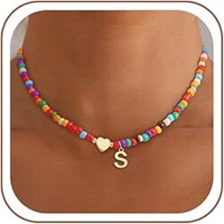 Eaciy Mothers Day Gifts - Colorful Initial Necklaces for Girls Women Kids, Teen Girls Gifts Trendy Stuff Beaded Initial Necklace Dainty Letter Choker Necklace for Girl Gift Jewelry