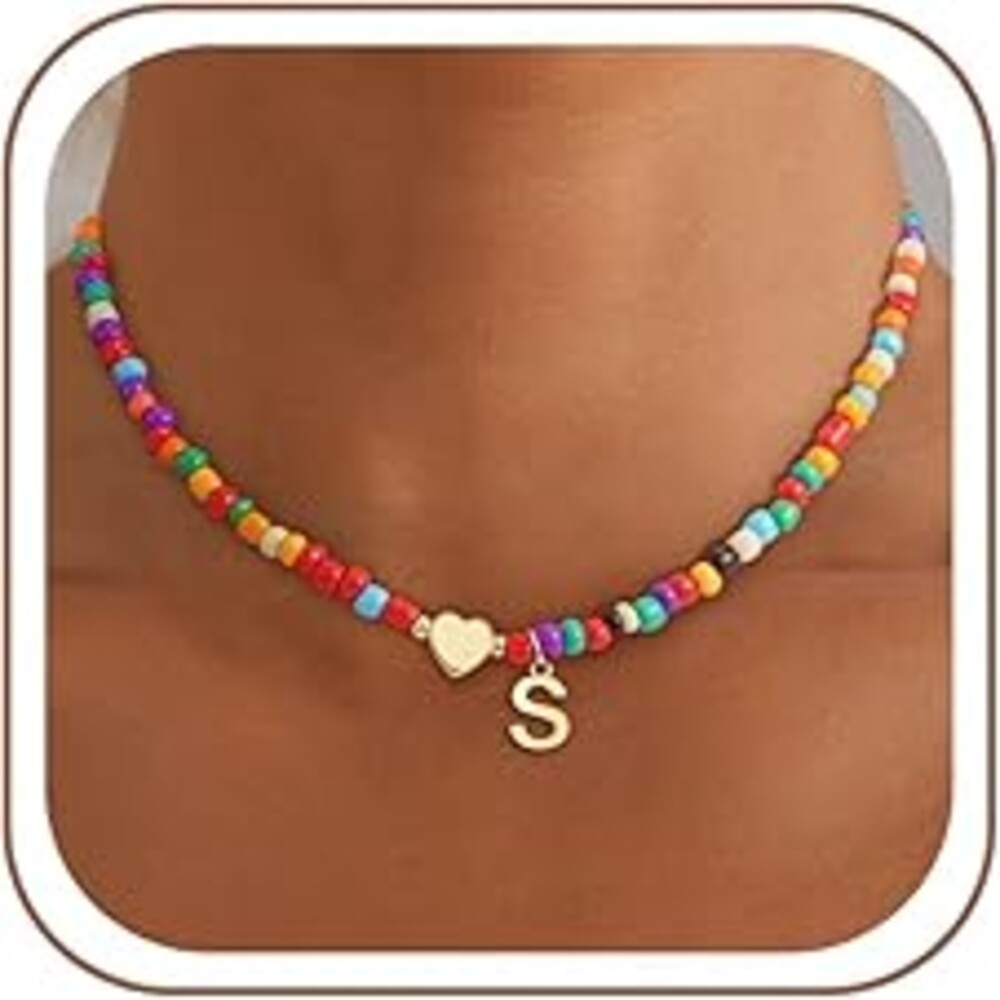 Eaciy Mothers Day Gifts - Colorful Initial Necklaces for Girls Women Kids, Teen Girls Gifts Trendy Stuff Beaded Initial Necklace Dainty Letter Choker Necklace for Girl Gift Jewelry