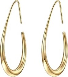 Lightweight Teardrop Hoop Earrings for Women - 14k Gold/White Gold Plated Large Oval Pull Through Hoop Earrings High Polished Statement Jewelry Gift for Women