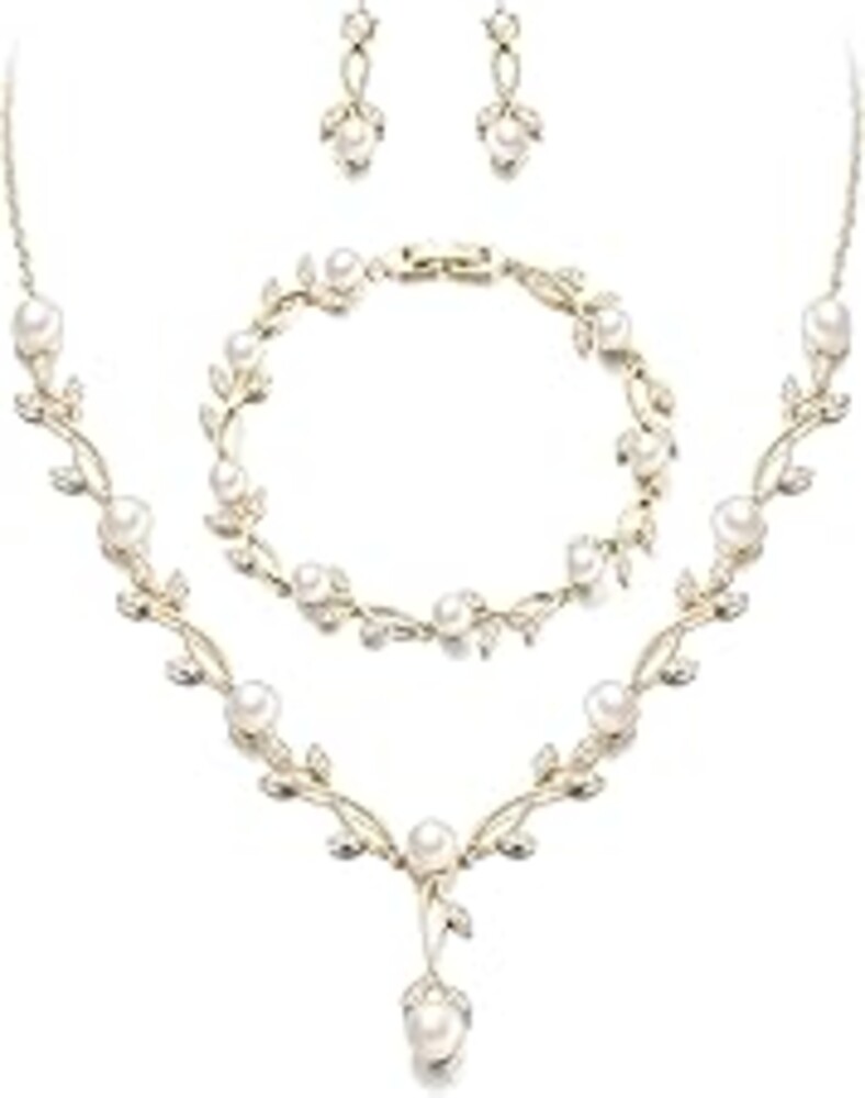 EVER FAITH Bridal Cubic Zirconia Jewelry Sets for Women, White Simulated Pearl Leaf Vine Pendant Wedding Party Necklace Earrings Set for Bridesmaid Bride