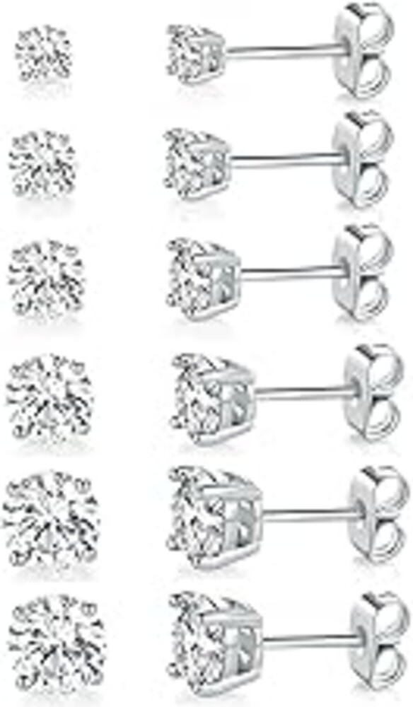 18K White Gold Plated 4 Pong Round Clear Cubic Zirconia Stud Earring Pack of 6 Pairs (6 Pairs)