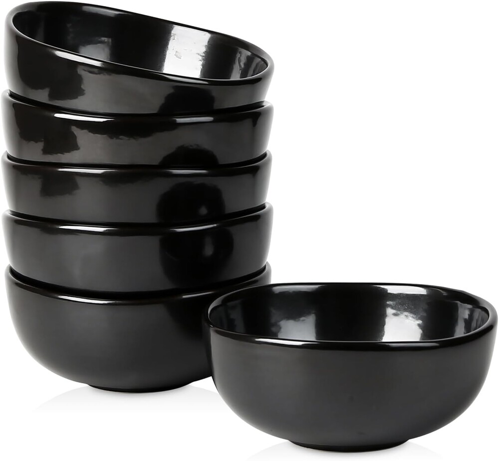 vicrays Ceramic Cereal Bowls Set - Porcelain 26 Ounce Soup Salad Bowls Set - Rice Dessert Cream Bowls Set - Chip Resistant Dishwasher Microwave Safe - Set of 6 (Black)