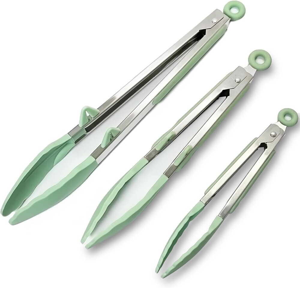 Silicone Kitchen Tongs, 3Pcs Tongs for Cooking with Silicone Tips, Food Grade Small Tongs, Mini Serving Tongs for BBQ Salad, Green, 7"+9"+12"