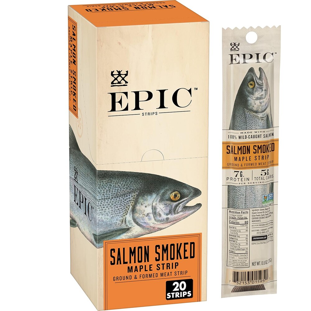 EPIC Salmon Smoked Maple Strips, Wild Caught, Paleo Friendly, Protein Snacks, 20 Ct, 16 oz