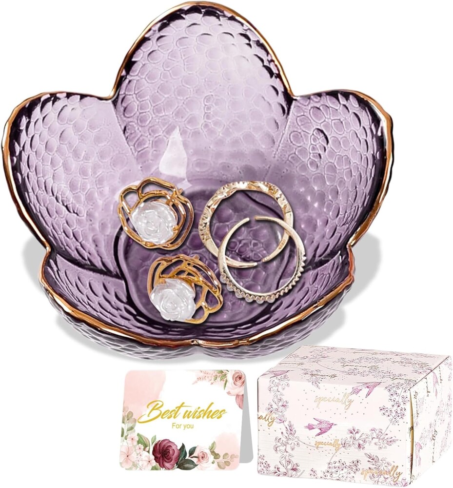 Purple Flower Jewelry Dish Glass Ring Holder Dish Jewelry Tray Cute Vanity Organizer Aesthetic Nightstand Bathroom Room Decor Trinket Dish Mothers Day Friendship Christmas Birthday Gifts for Women