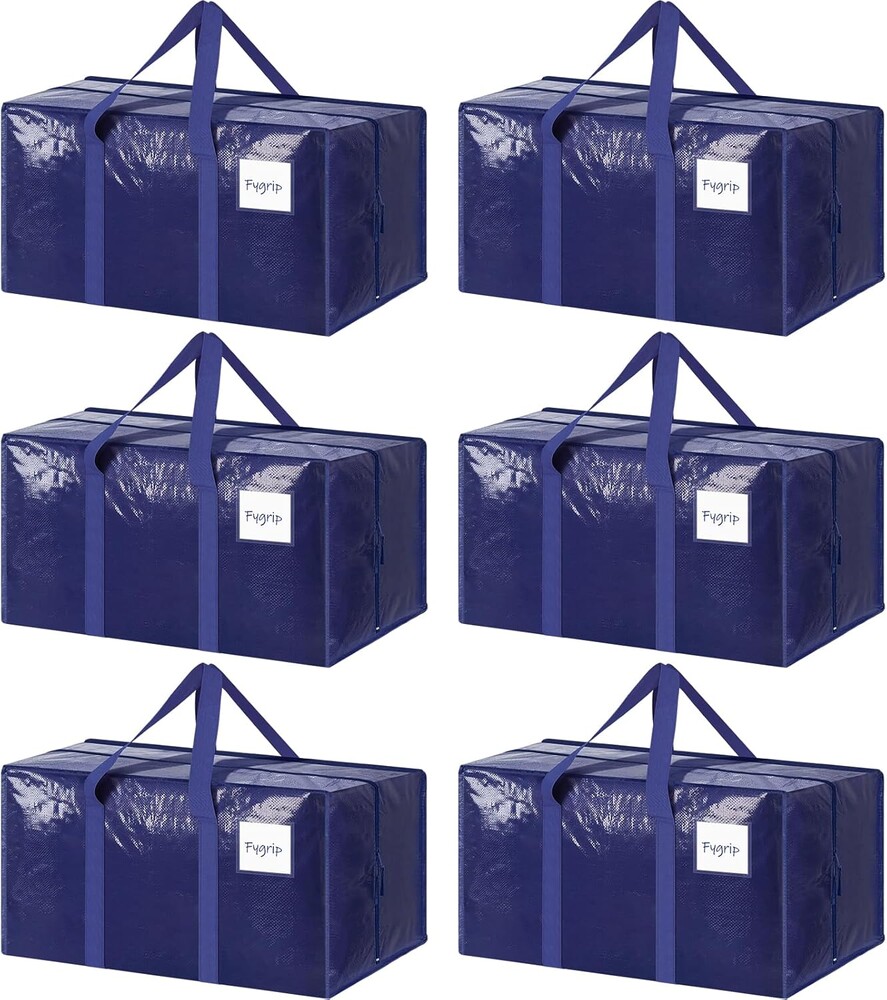 6 Pack Extra Heavy Duty Large Moving Bags with Strong Zipper & Comfortable Handles, Sturdy & Durable Clothes Storage Bags Totes Bins, Blue Packing Moving Boxes for College Supplies, Dark Blue