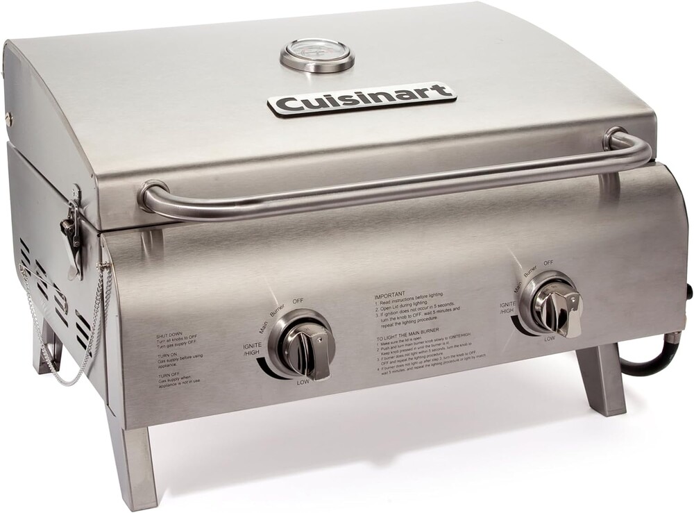 Cuisinart Chef's Style Tabletop Portable Propane Grill, 20,000 BTU Stainless Steel 2-Burner Outdoor Gas Grill for Camping, Tailgates, BBQ, Hassle-Free Setup, Twist-Start Ignition, CGG-306