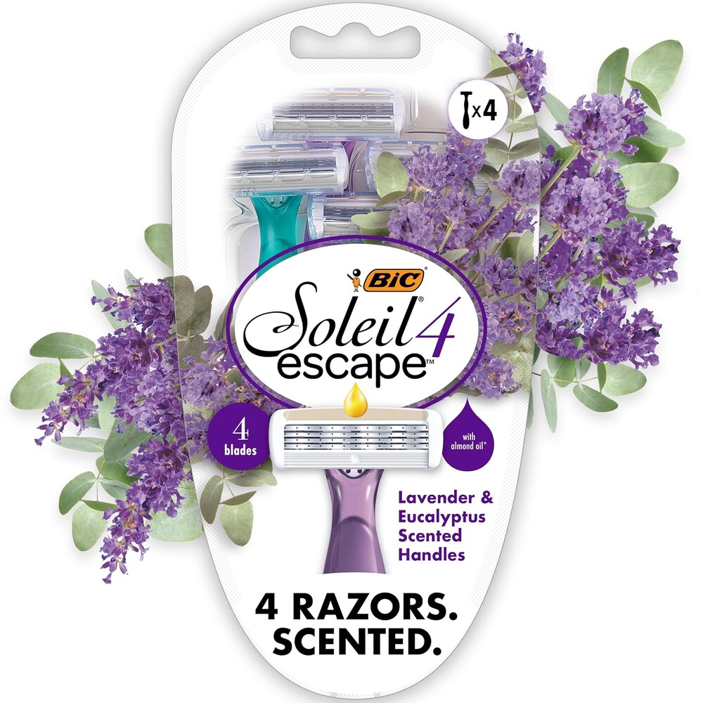 BIC Soleil 4 Escape Women's Disposable 4-Blade Razors, Lavender & Eucalyptus Scented Handles for a Smooth, Comforting Shave, 4-Pack