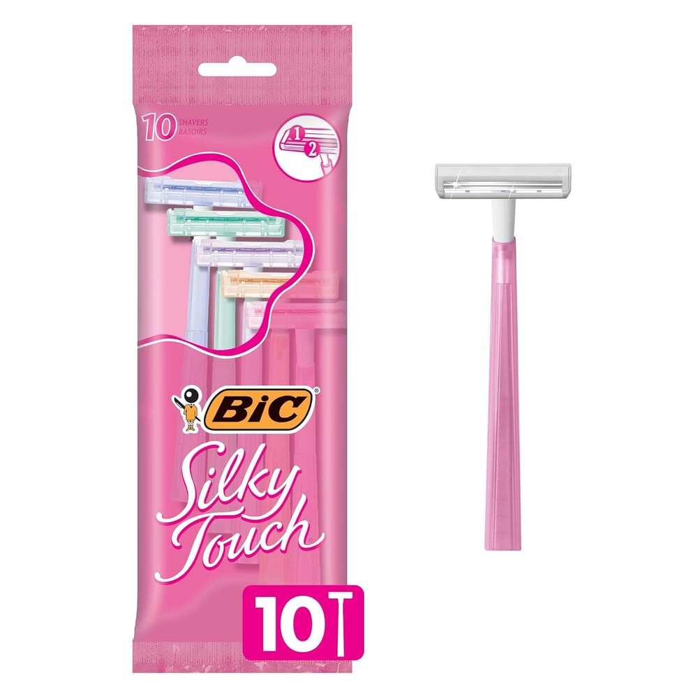 BIC Silky Touch Women's Disposable Razors, With 2 Blades, Pretty Pastel Razor Handles, 10 Count Pack of Shaving Razors