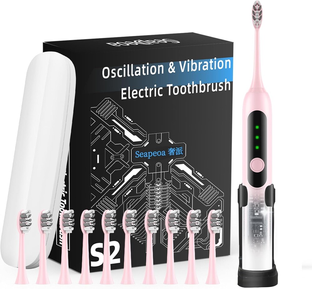 Seapeoa Adult Sonic Electric Toothbrush with 10 Brush Heads, Travel Case, and Wall Bracket, Suitable for Both Adults and Kids, IPX8 Waterproof, USB Charging, 42000VPM, Pink