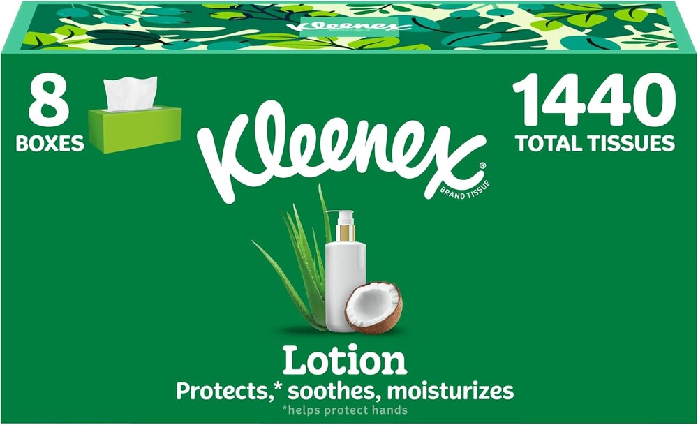 Kleenex Lotion Facial Tissues with Coconut Oil, 8 Flat Boxes, 180 Tissues Per Box, 3-Ply