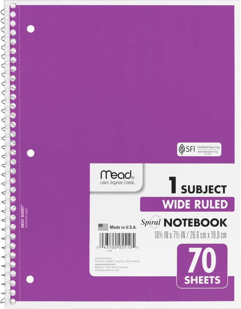 Mead Spiral Notebook, 1 Subject, Wide Ruled Paper, 7-1/2" x 10-1/2", 70 Sheets, Color Will Vary (05510)