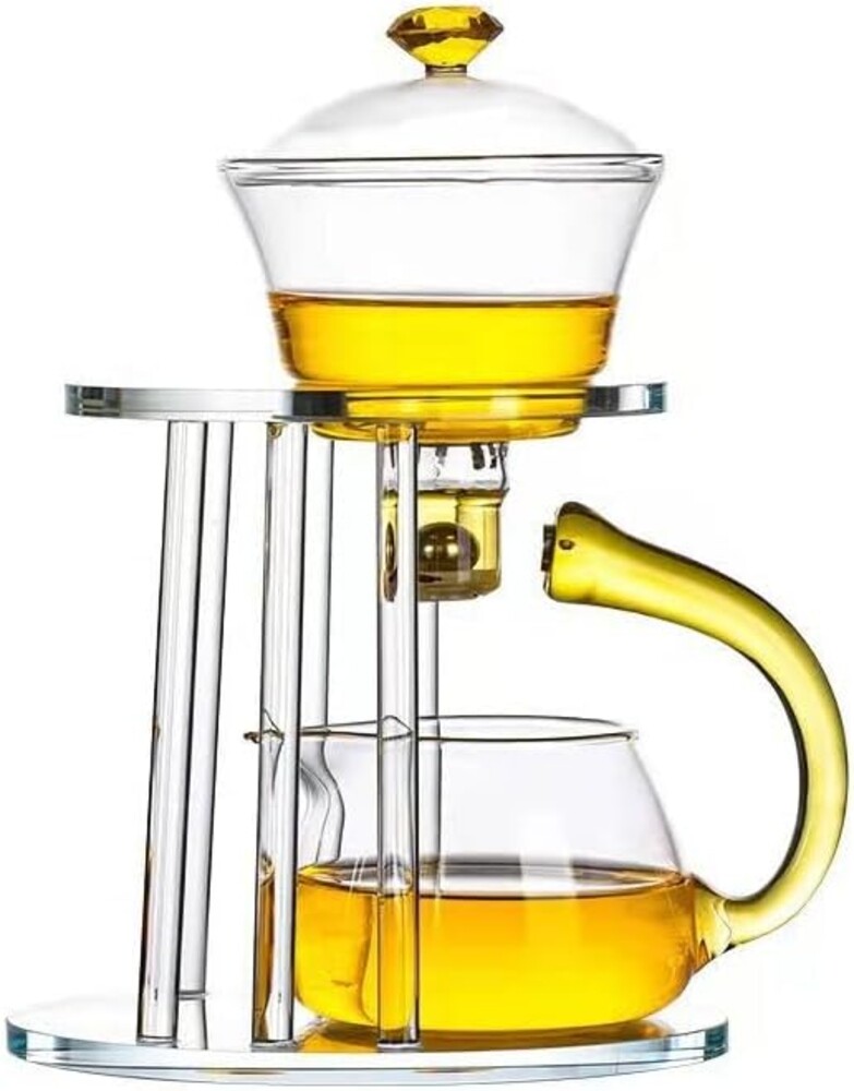 Lazy Kungfu Tea Set Semi Automatic Drip Rotating with Infuser Glass Teapot Set for Home/Office (Transparent), medium, FT016