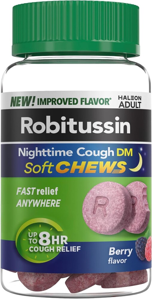 Robitussin Soft Chews, Nighttime Cough DM, Adult Formula, Berry Flavor, 20ct Chewable Tablets