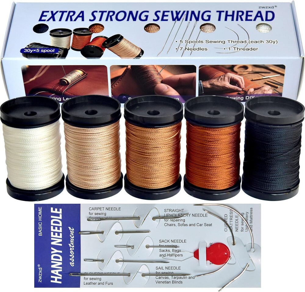 Extra Strong Upholstery Repair Sewing Thread Kit and Heavy Duty Household Hand Needles, Including 5 Rolls Nylon Thread,7 Styles of Leather Canvas Sewing Needles and 1 Needle Threader