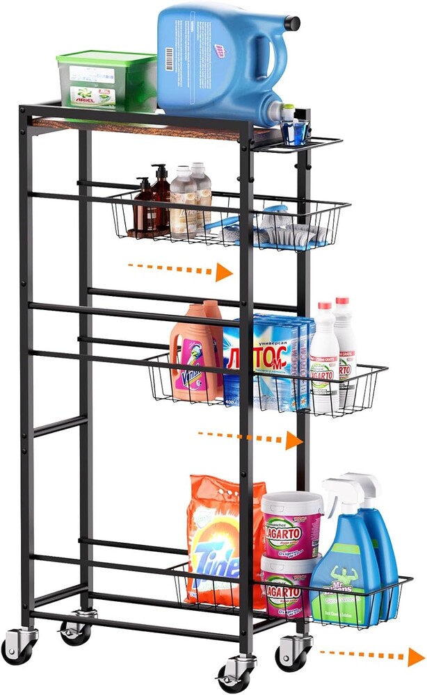 4 Tier Slim Rolling Storage Cart with Pull-Out Baskets, Narrow Sliding Storage Slim Laundry Rolling Cart Between Washer and Dryer